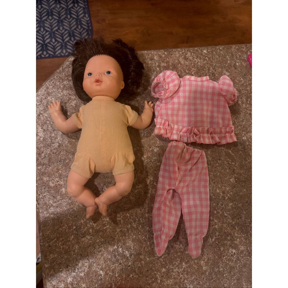 Vintage 1980 Fisher Price Baby Doll 12” Brunette w/ Pink Gingham Outfit